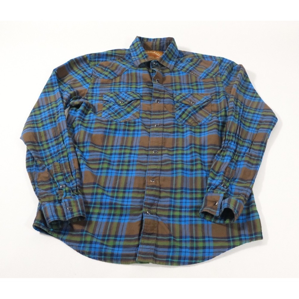Red Camel Flannel Shirt Mens M Blue Plaid Western Snap Front Long Sleeve‎ Cotton